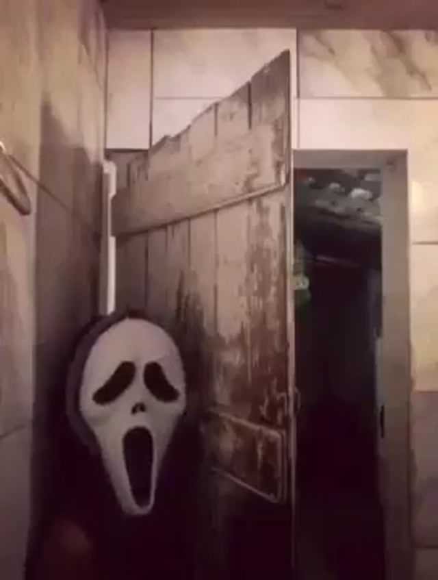Bathroom Ghostface Scare meme template blank