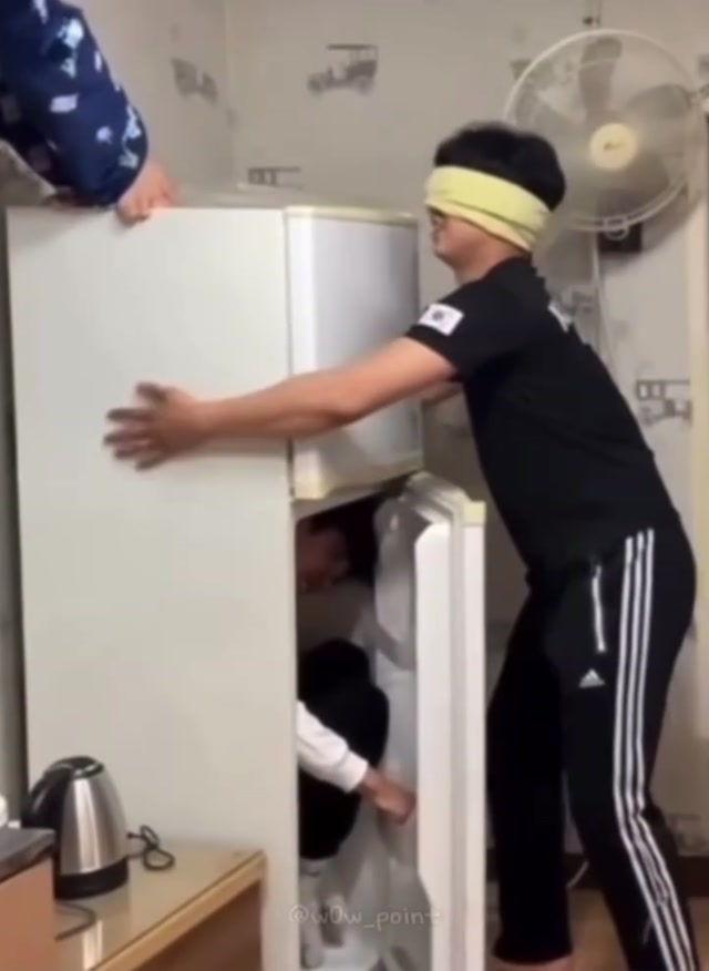 Blindfolded Fridge Prank meme template blank