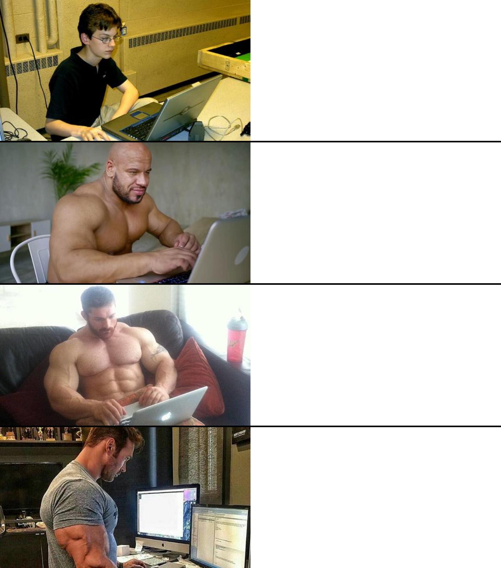 Buff Guys Typing on Laptops meme template blank