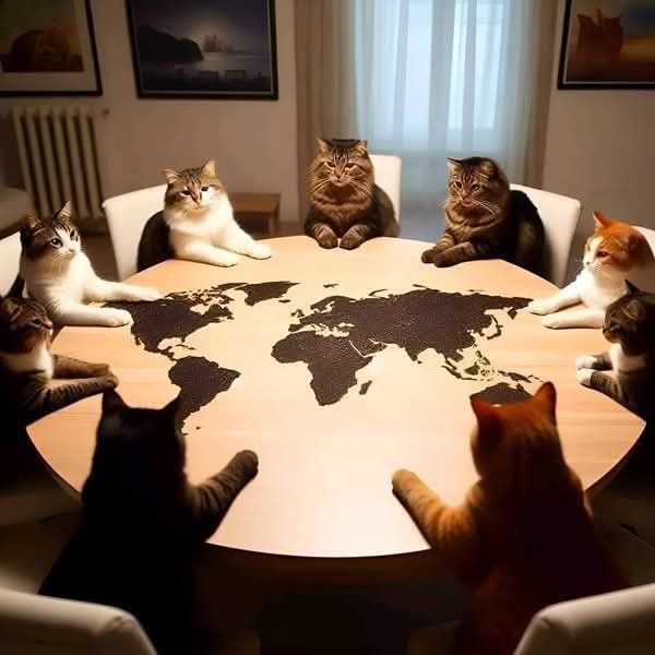 Cats Meeting Around World Map meme template blank