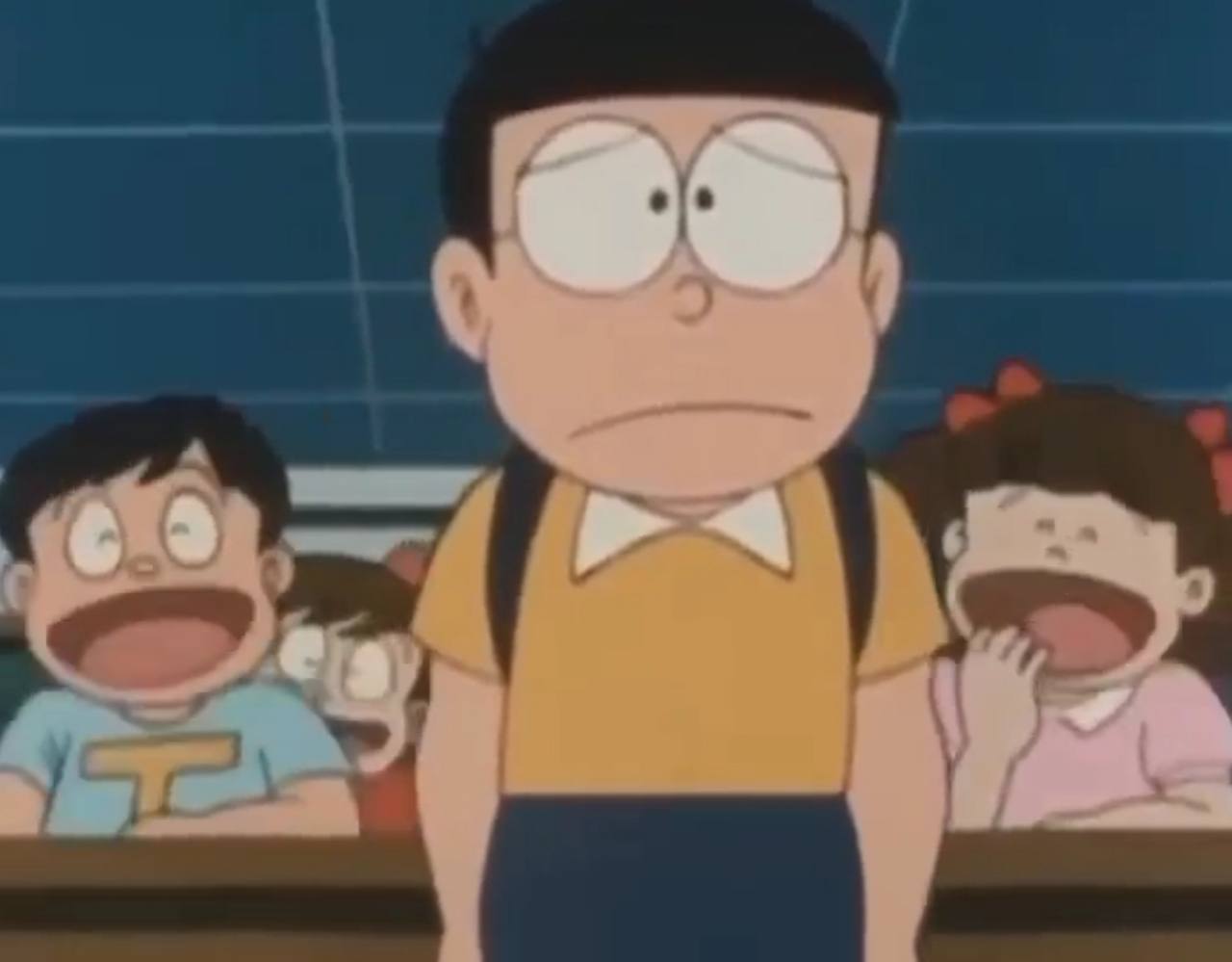 Classmates Laughing at Nobita meme template blank