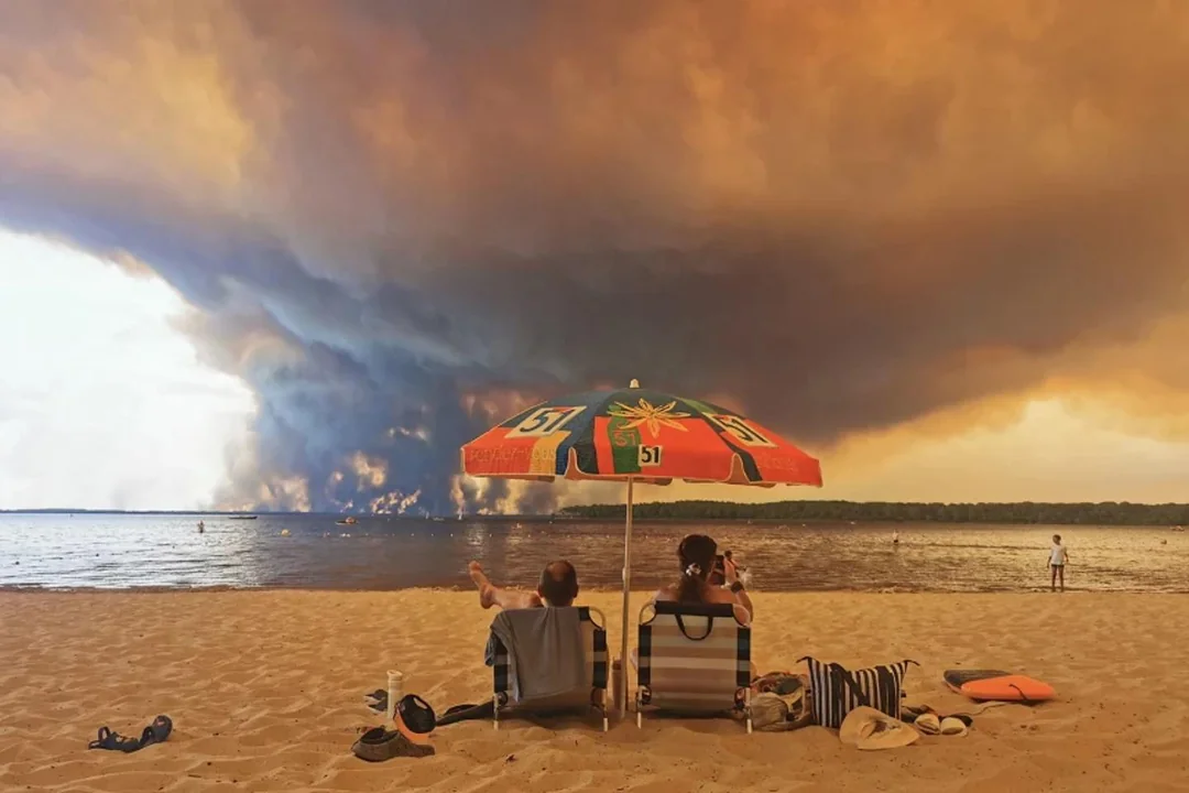 Couple Relaxing on Beach While Wildfire meme template blank - image format