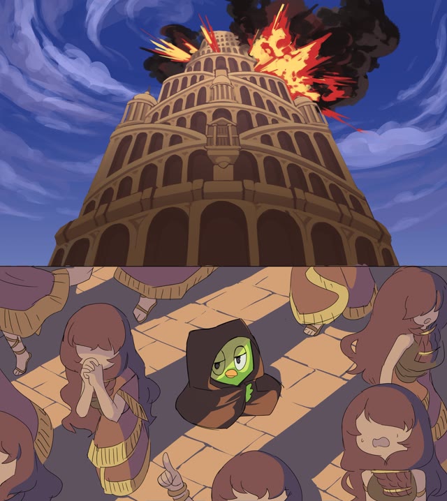 Duolingo Bird Destroying Tower of Babel meme template blank