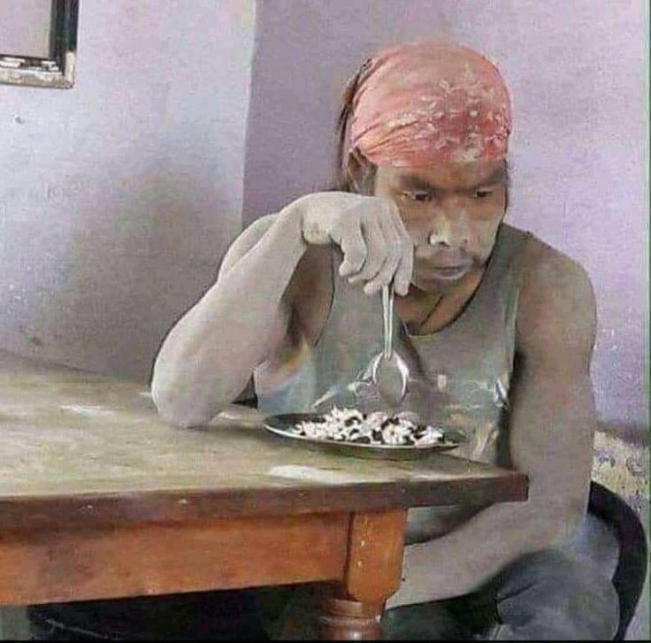 Dust Covered Worker Eating Lunch meme template blank - image format