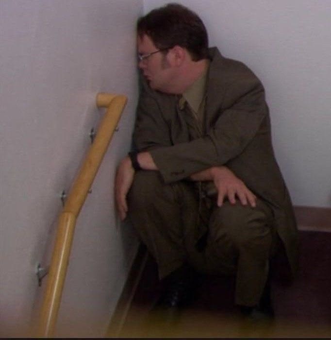 Dwight Schrute Crying in Stairwell meme template blank