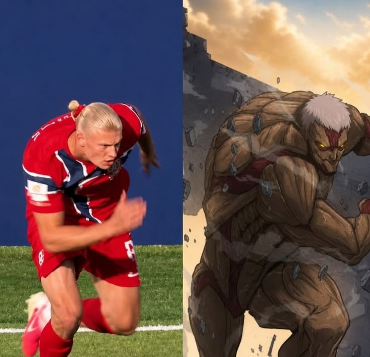 Erling Haaland vs. The Armored Titan meme template blank