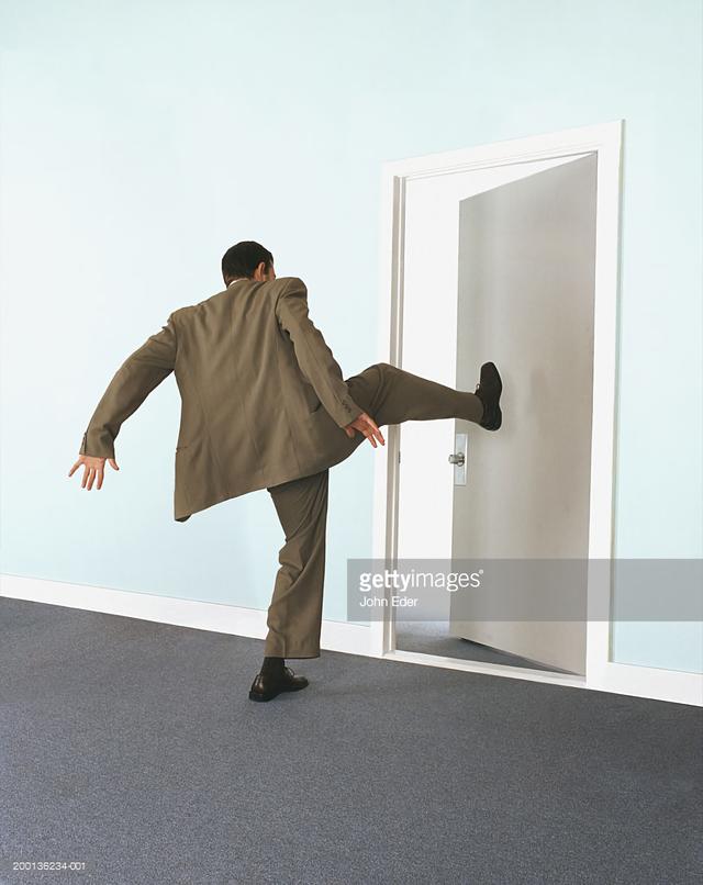 Businessman Kicking Door meme template blank