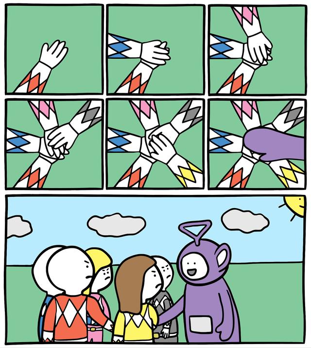 Power Rangers and Teletubby Handshake meme template blank