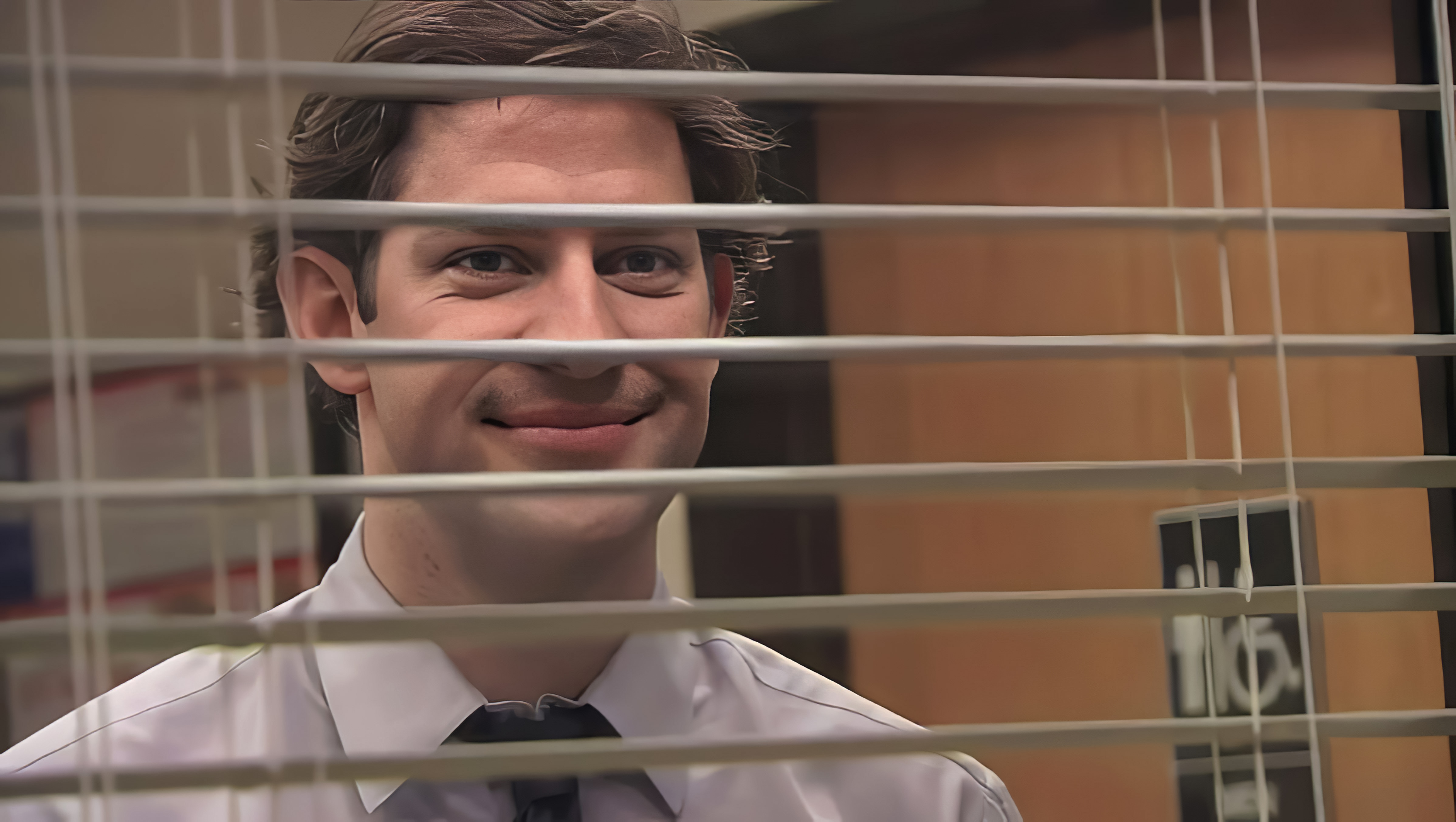 Jim Halpert Smiling Through Blinds meme template blank - image format