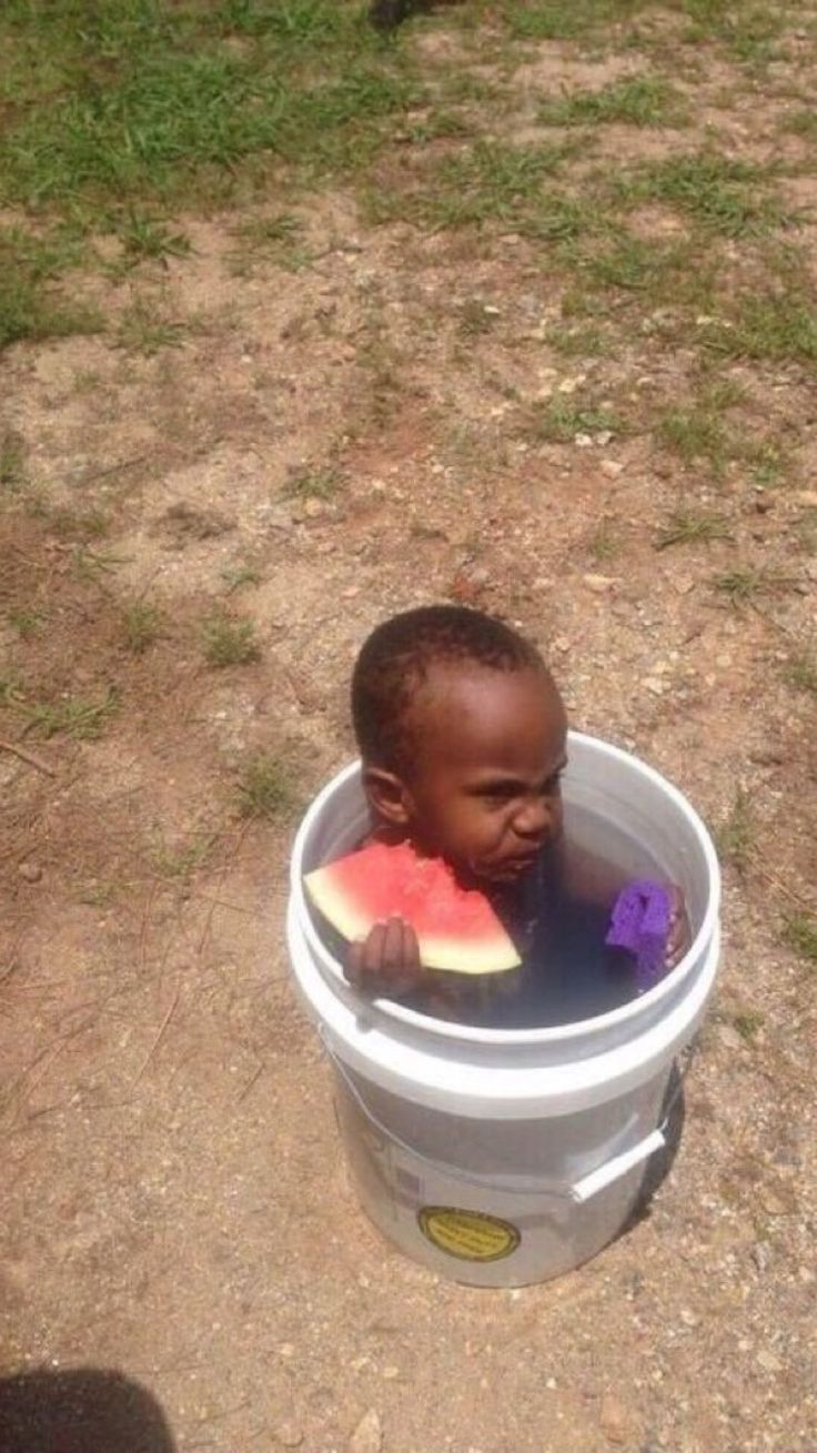 Kid in a Bucket Eating Watermelon meme template blank - image format