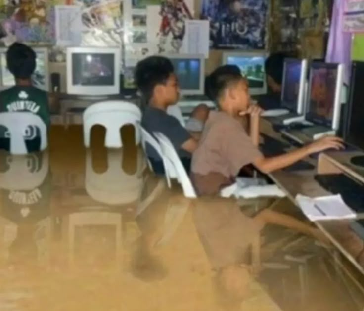 Kids Gaming in Flooded Internet Cafe meme template blank - image format