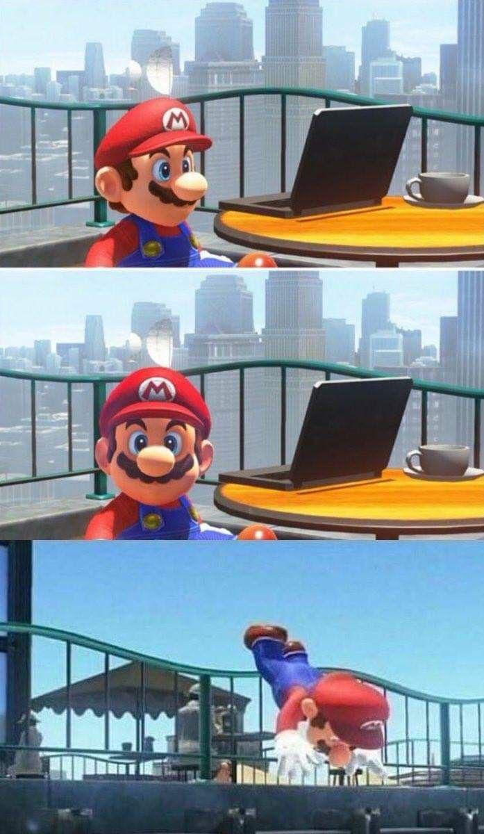 Mario Laptop Balcony Jump meme template blank