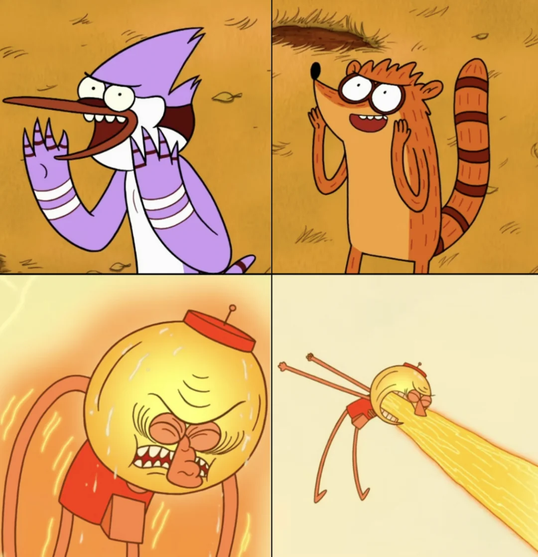 Mordecai and Rigby Pissing Off Benson meme template blank - image format