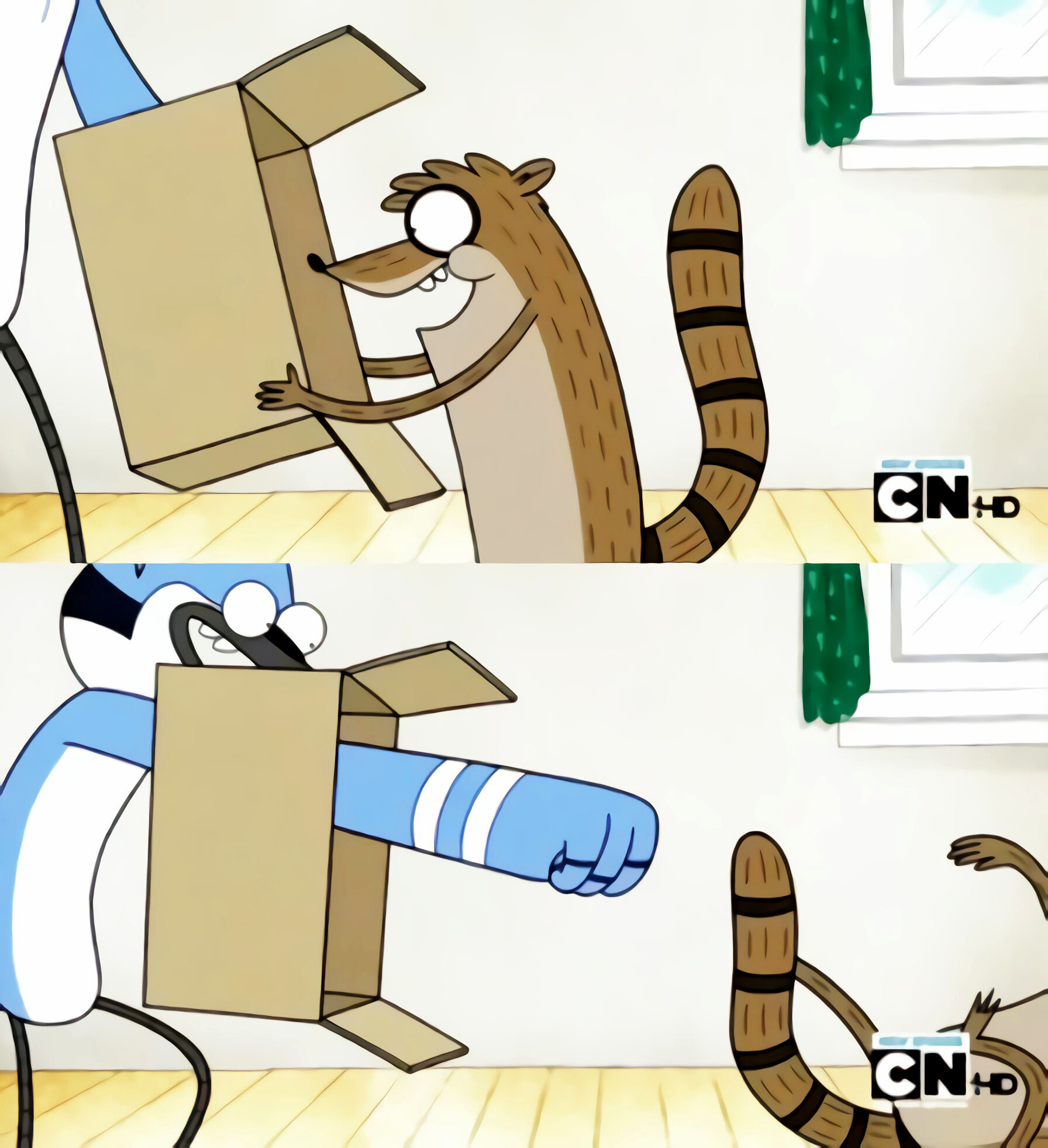 Mordecai Punching Rigby meme template blank - image format