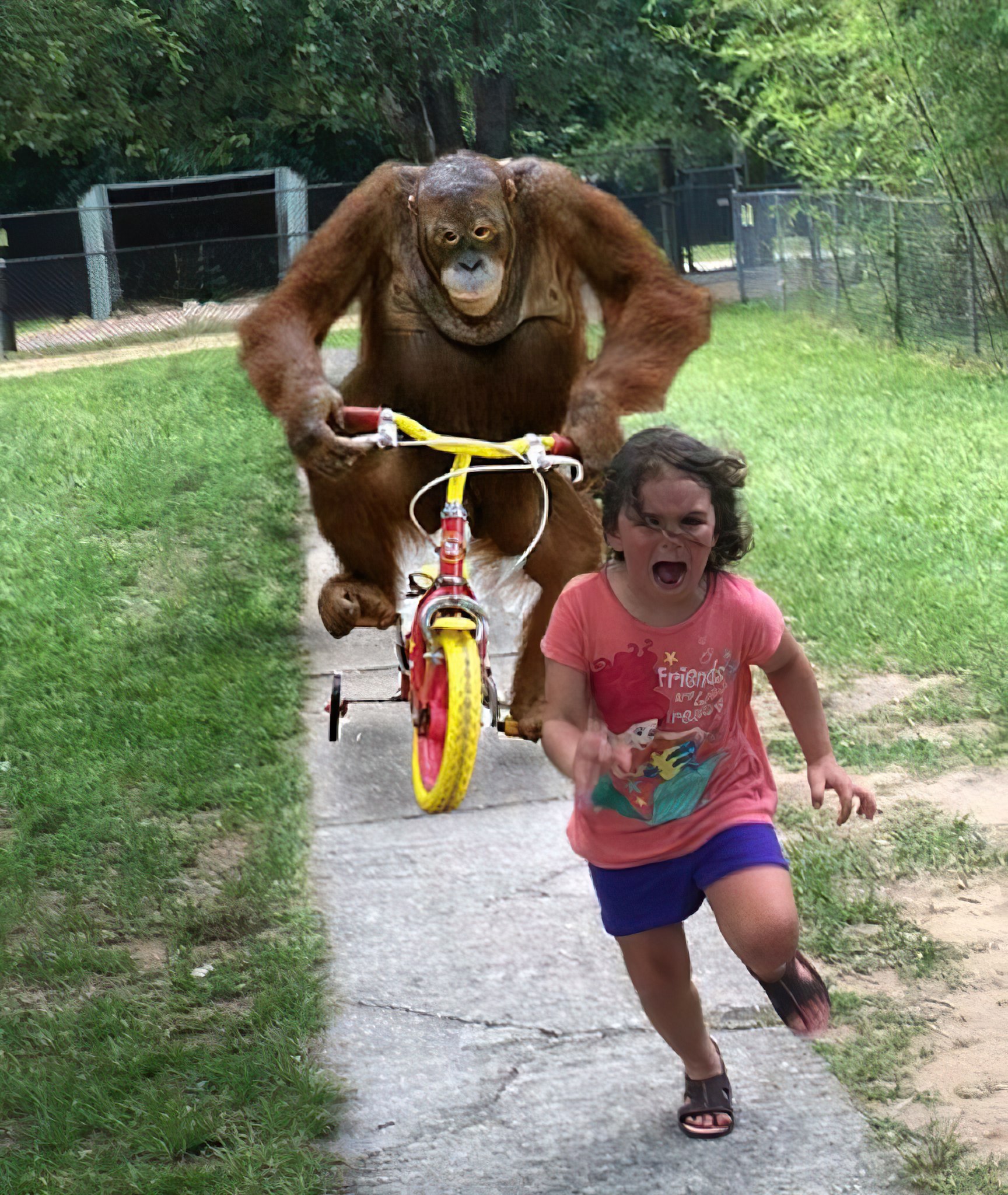 Orangutan on a Tricycle Chasing a Girl meme template blank - image format