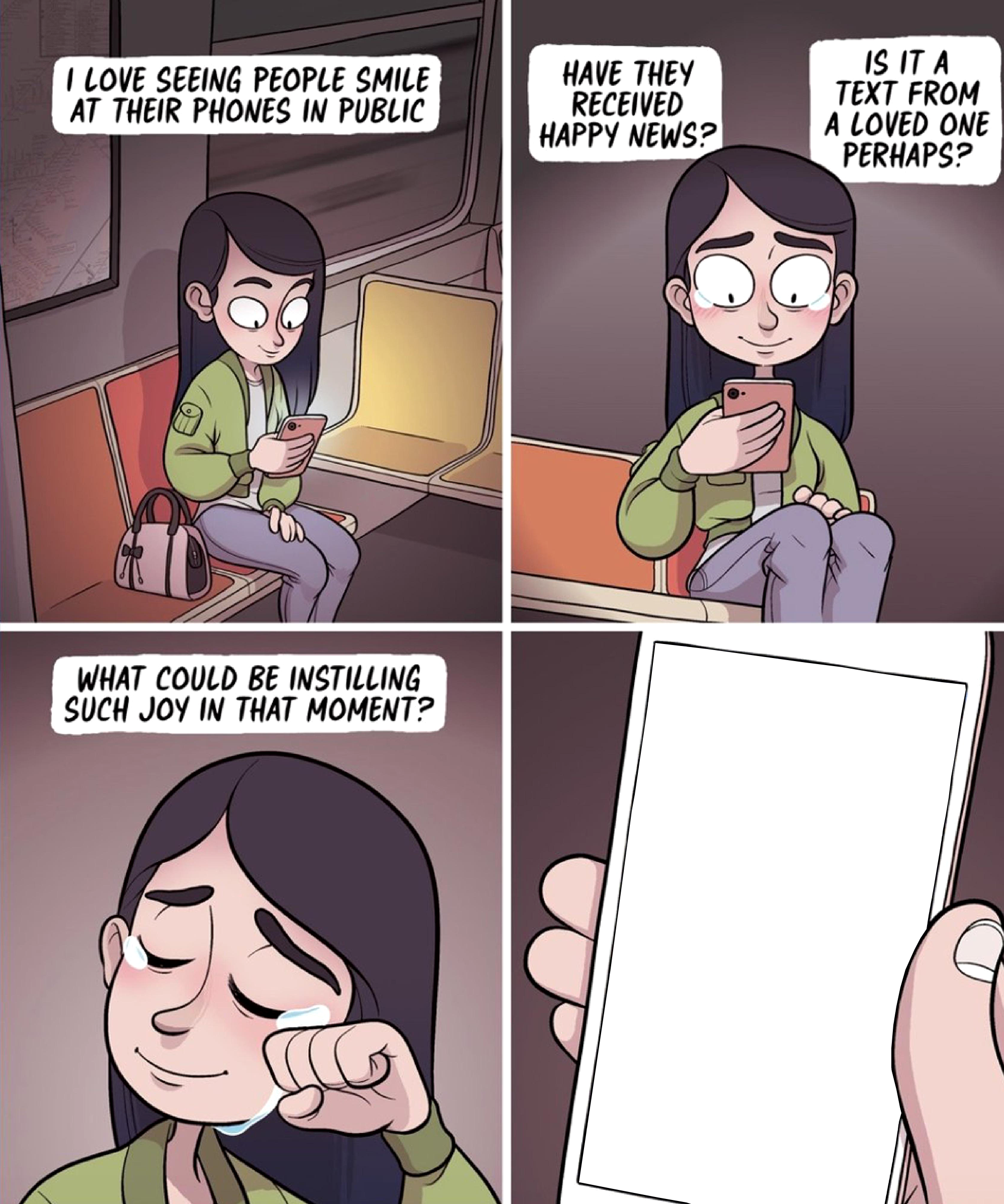 People Smiling at Their Phones meme template blank - image format