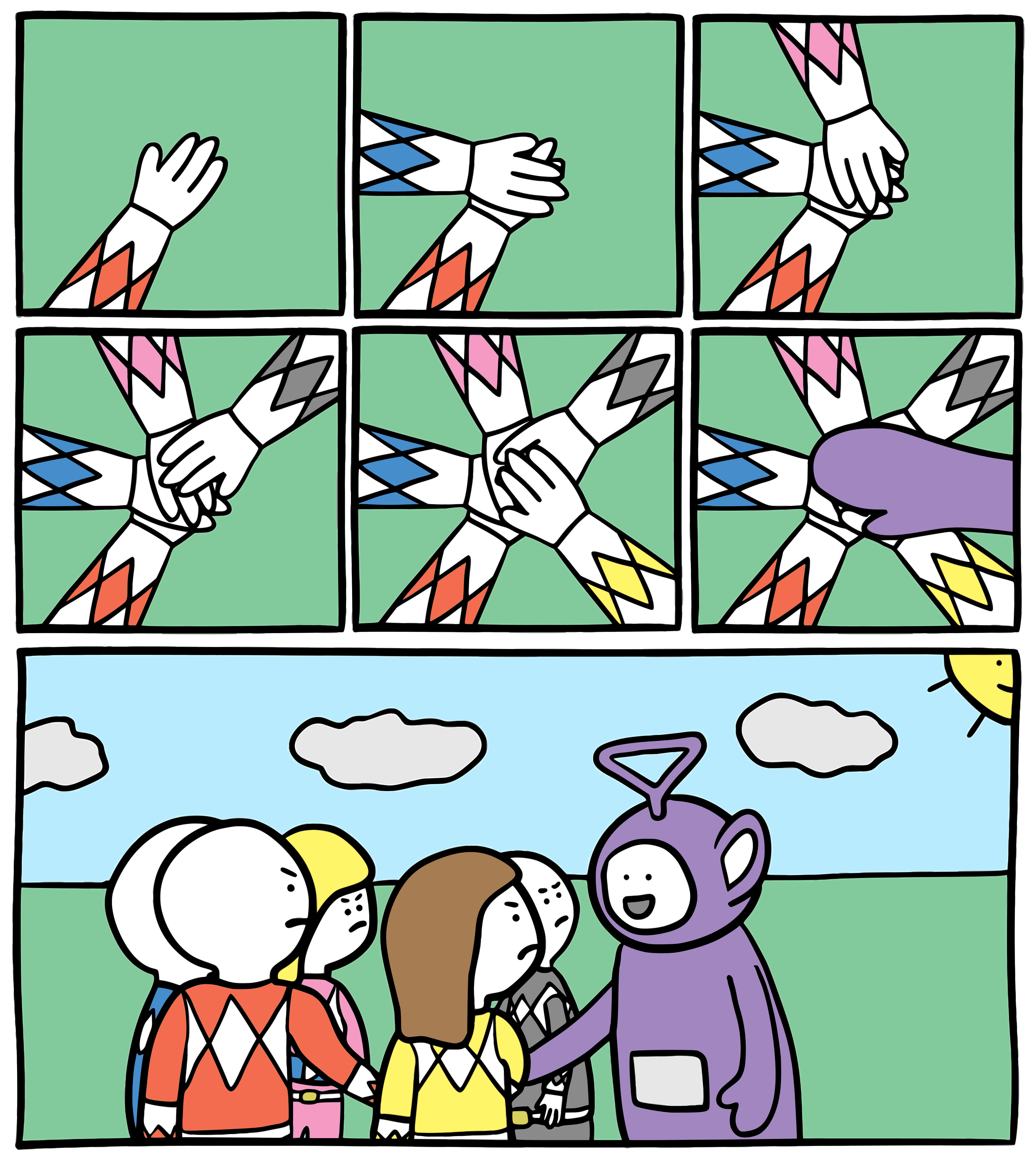 Power Rangers and Teletubby Handshake meme template blank - image format