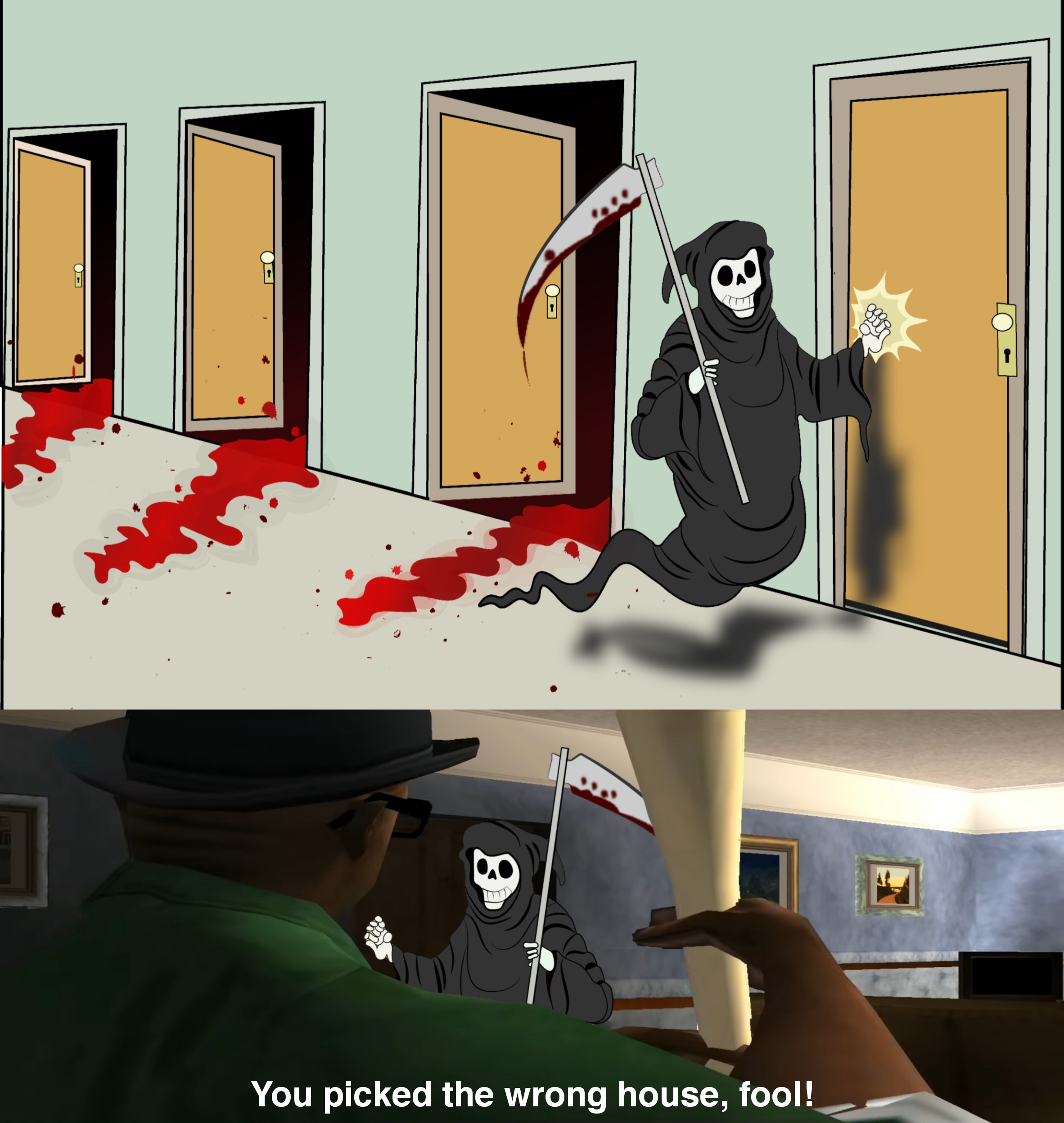 Reaper Picked the Wrong House meme template blank - image format