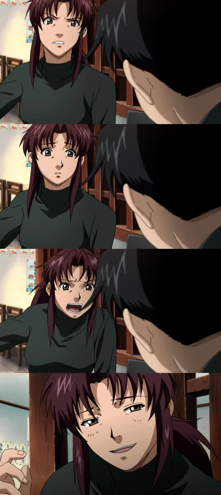Revy Angrily Yelling to Embarrassed Smirk meme template blank - image format