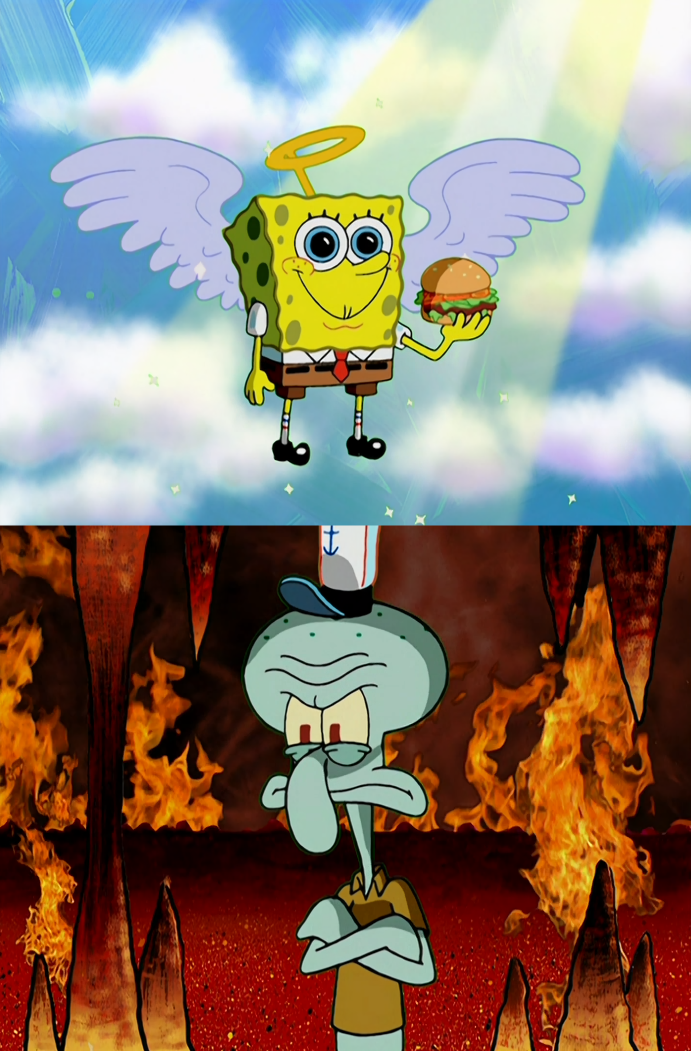 SpongeBob in Heaven / Squidward in Hell meme template blank - image format