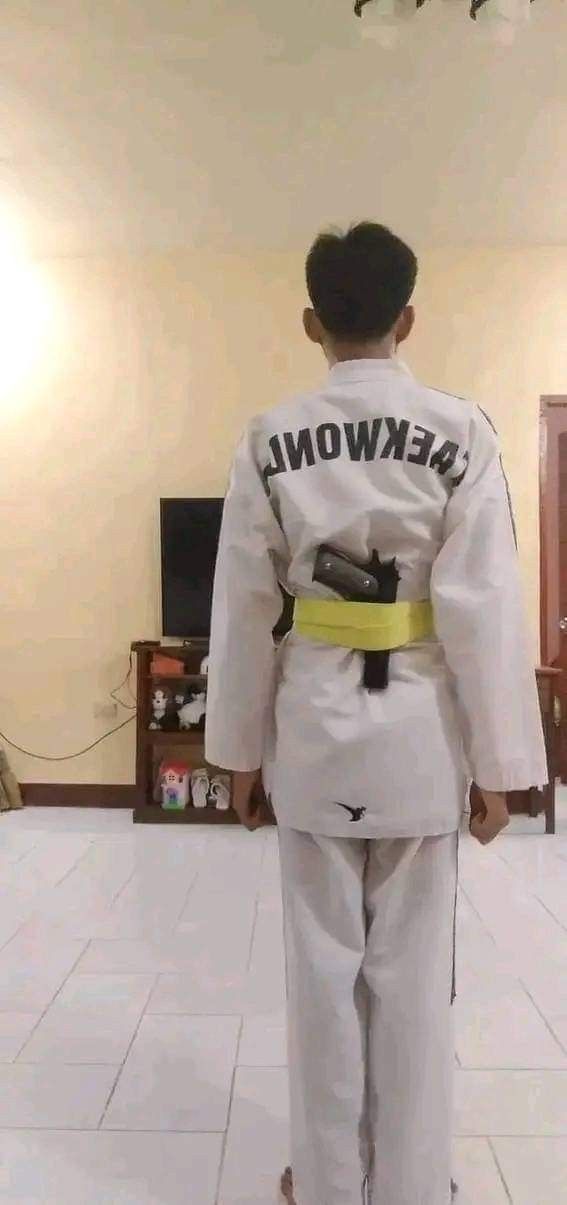 Taekwondo Yellow Belt with Gun meme template blank - image format