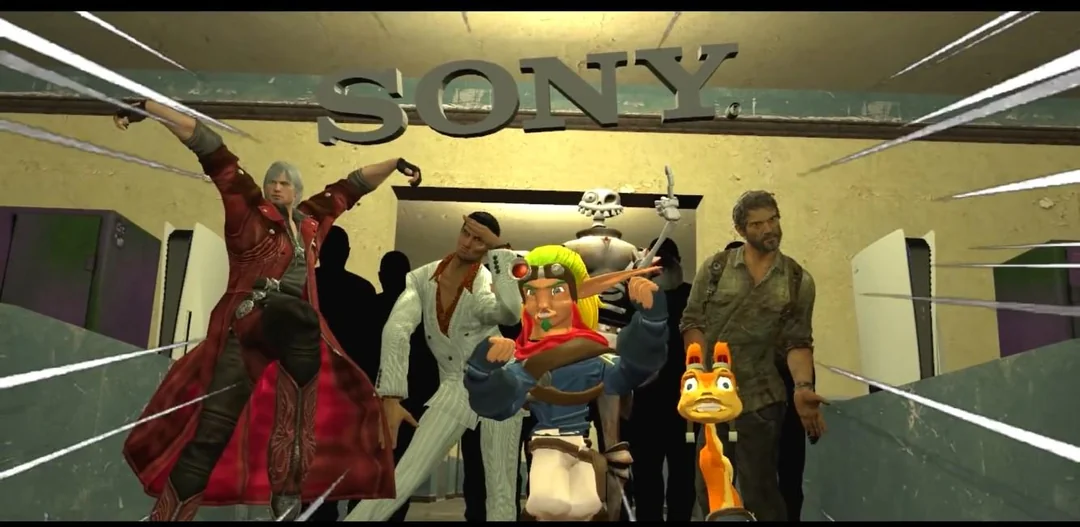 Team Sony Bursting Out of Door meme template blank