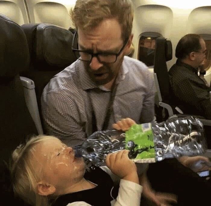 Toddler Crushing Water Bottle on Airplane meme template blank