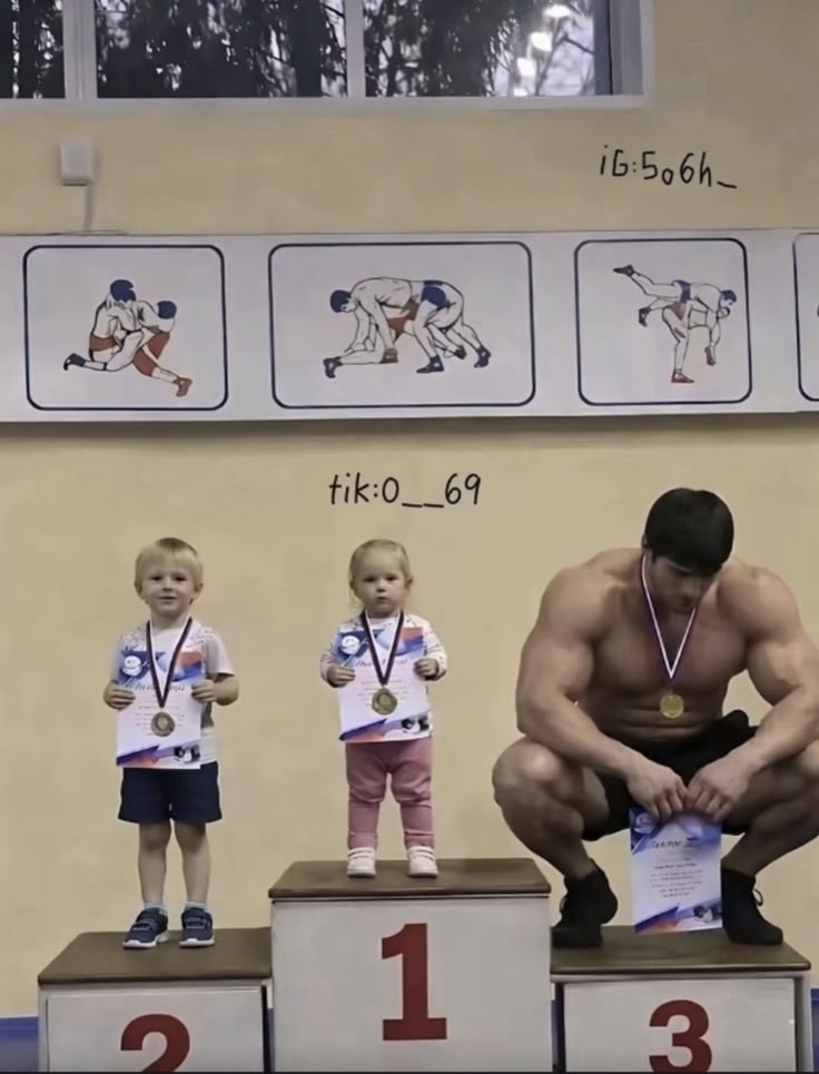 Toddlers Beat Bodybuilder on Podium meme template blank