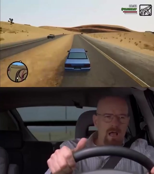 Walter White Driving to San Andreas meme template blank