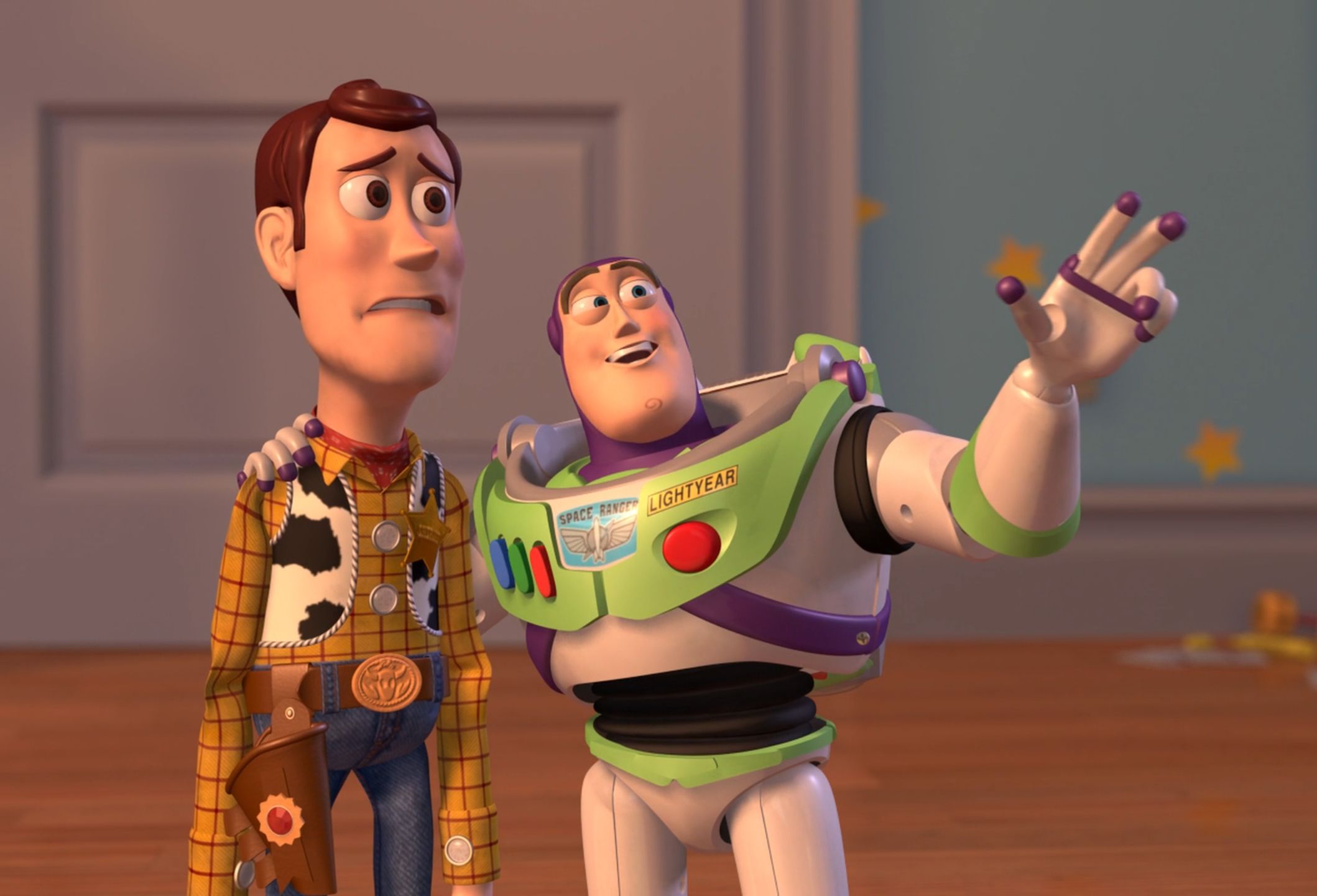 Woody and Buzz Everywhere meme template blank
